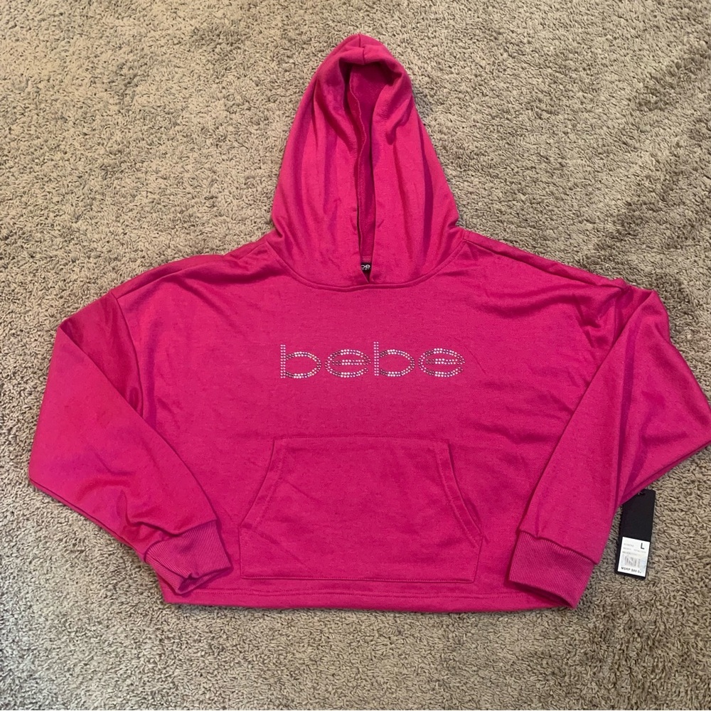 NWT BEBE Sport Pink Cropped Hoodie Sweatshirt Large